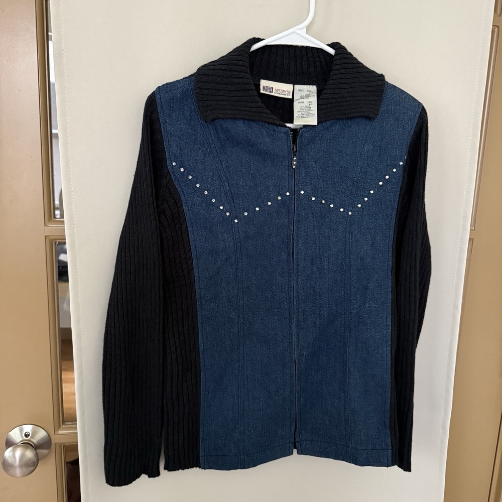 Faded Glory Womens Small Black Blue Vintage Y2K Western Zip Up‎ Sweater Denim